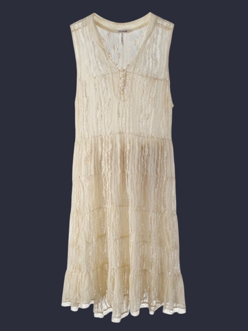Free People Sheer Ivory Lace Sleeveless Tunic Dress V-Neck Drawstring Waist L